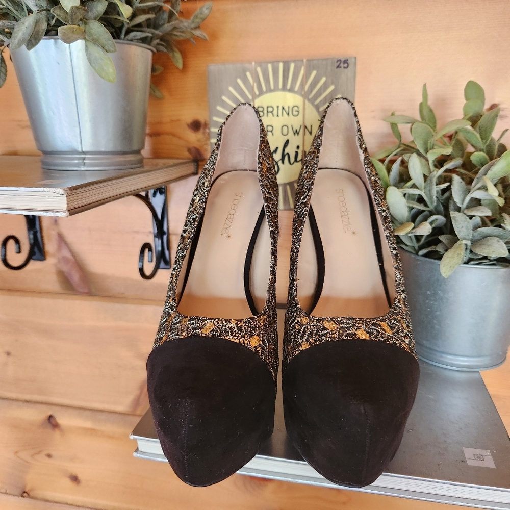 Shoedazzle Shamane Sequin Platform Heels‎ Black Gold Stiletto Suede Pumps Sz 9.5 - Picture 7 of 11
